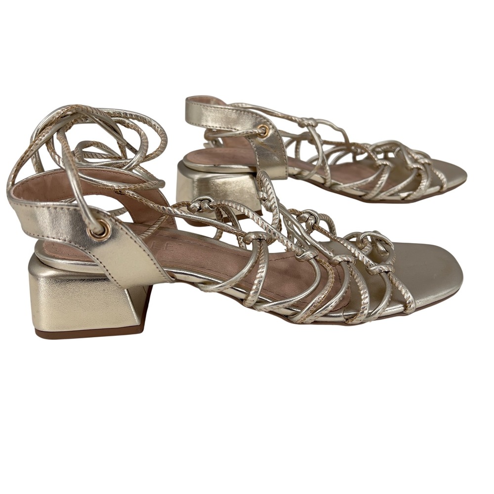Azille Womens 7 Gladiator Sandals Gold Strappy Lace Up Block Heel Glam Brazil